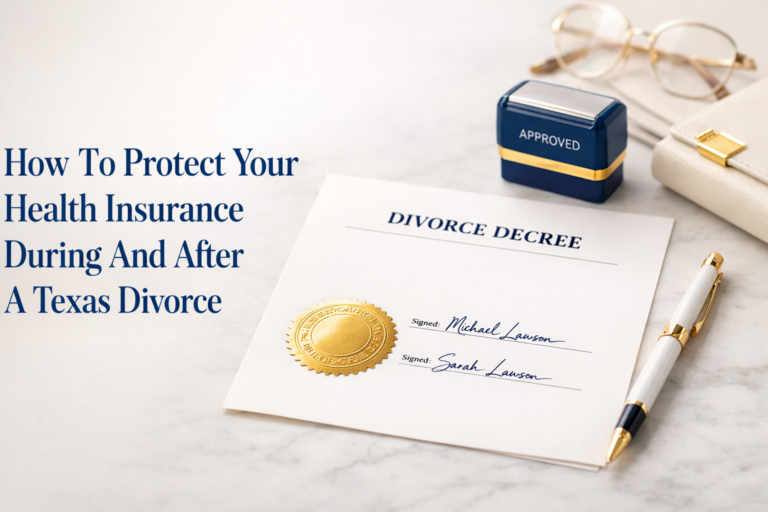 A gold-sealed divorce decree on a light desk detailing health insurance after a Texas divorce. Warren & Migliaccio, L.L.P.