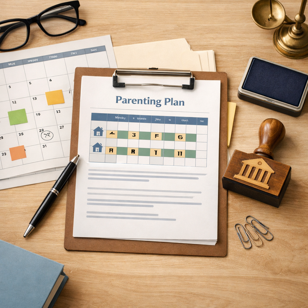 Co-parenting plan paperwork and a calendar on a desk