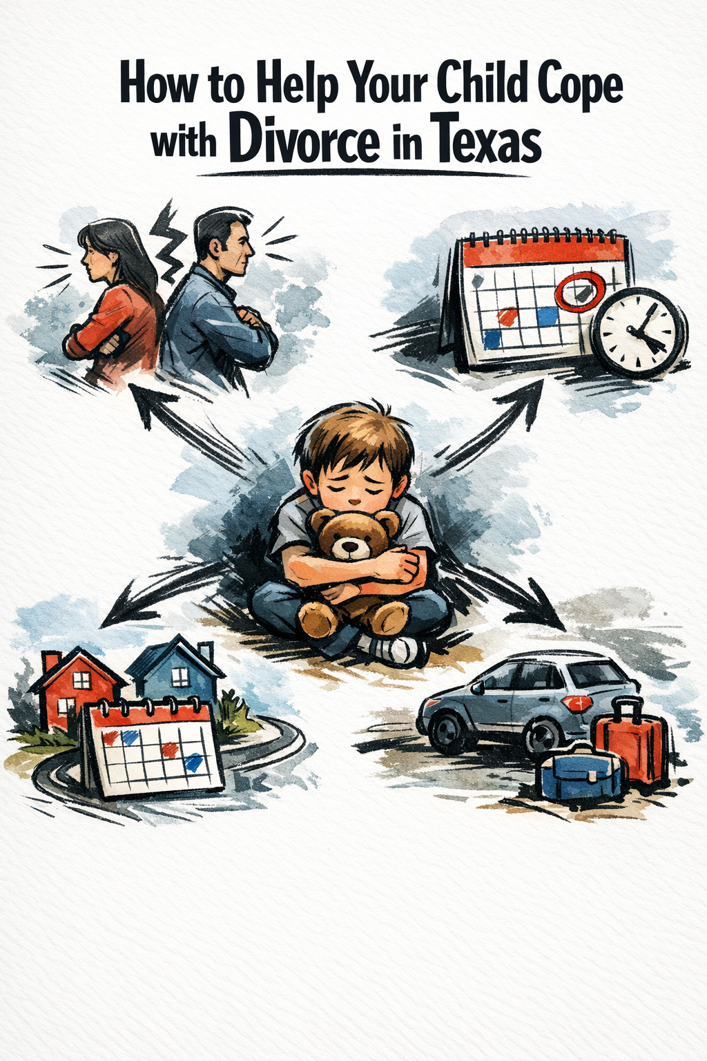 Illustration of a child holding a teddy bear, surrounded by images of upset parents, custody schedules, a house, and a car with luggage, representing coping with divorce in Texas.