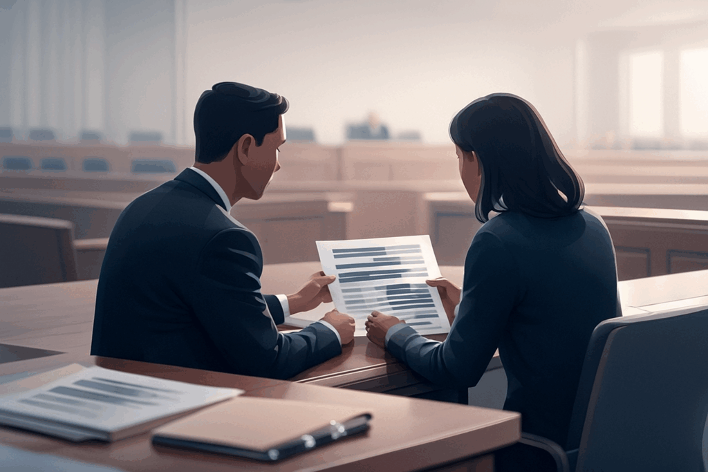 Alt text:

*A lawyer and a parent sit together in a quiet courtroom, reviewing a document with redacted lines, symbolizing privacy and protection of sensitive information in a Texas divorce case.*
