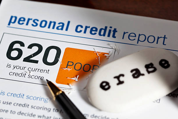 A credit report displays a "poor" score of 620, with a black pen and eraser positioned above it. It's essential to understand how much debt you need to file Chapter 7 if financial relief becomes necessary.