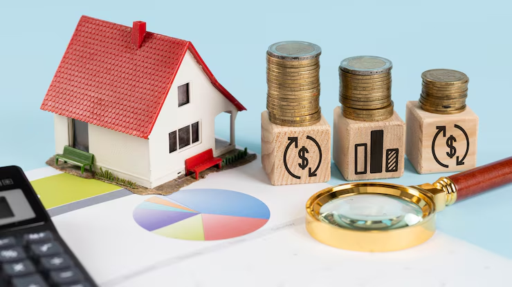 A model house, stacked coins on blocks with financial symbols, a magnifying glass, calculator, and a pie chart illustrate the essentials of a trust-based estate plan against a blue backdrop.
