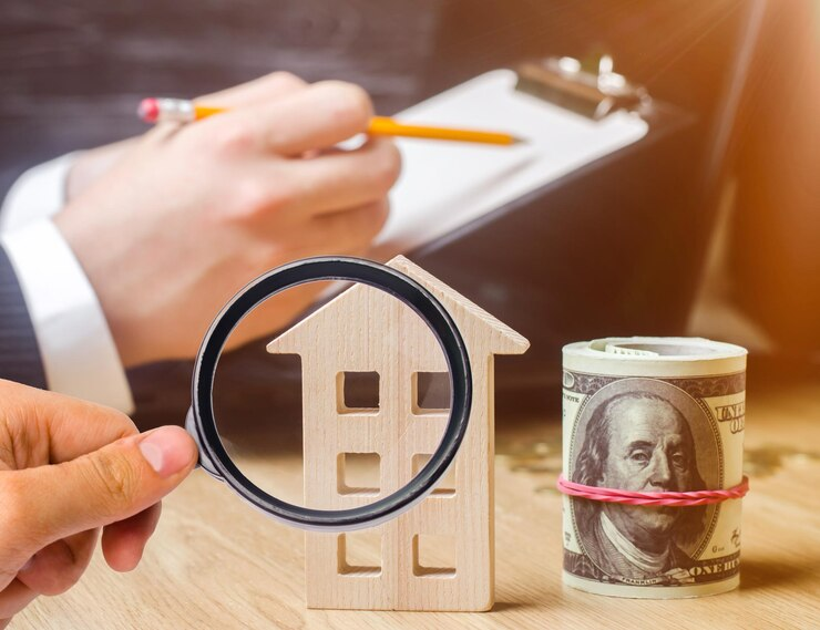 A hand with a magnifying glass hovers over a wooden house model, alongside a rolled stack of U.S. hundred-dollar bills, symbolizing the meticulous scrutiny involved in crafting a trust-based estate plan. In the background, another hand holds a pencil over a clipboard, ready for precise documentation.