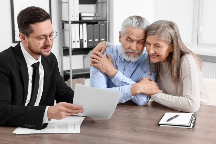 A man in a suit discusses a trust-based estate plan document with an elderly couple sitting closely together at a table.