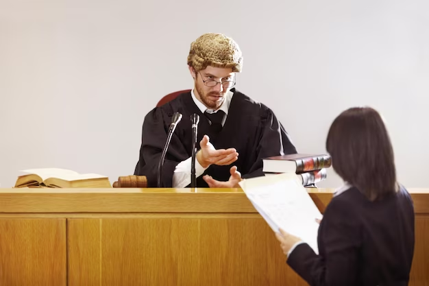 A woman, presenting legal paperwork to a Judge