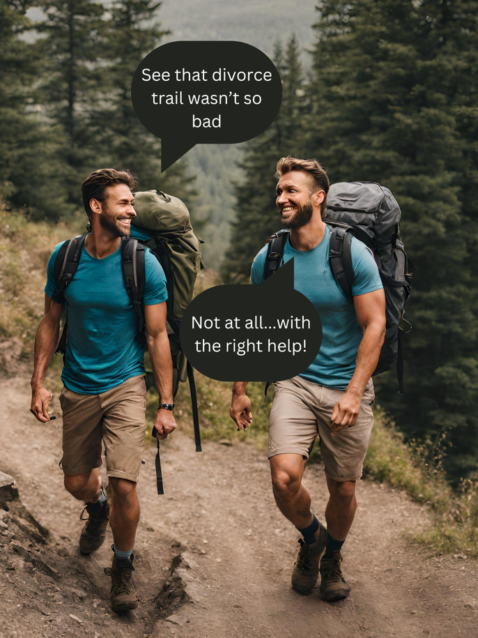 Two hikers with backpacks on a trail with a speech bubble that says, see that divorce trail was not so bad