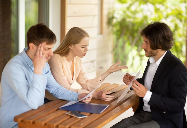 A group of people sitting at a table talking with paperwork in their hand
