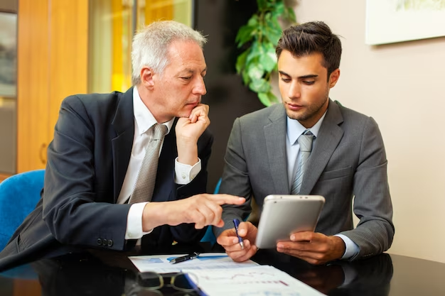 Two businessmen, perhaps discussing their Credit Card Debt, are seen looking at a tablet in an office.