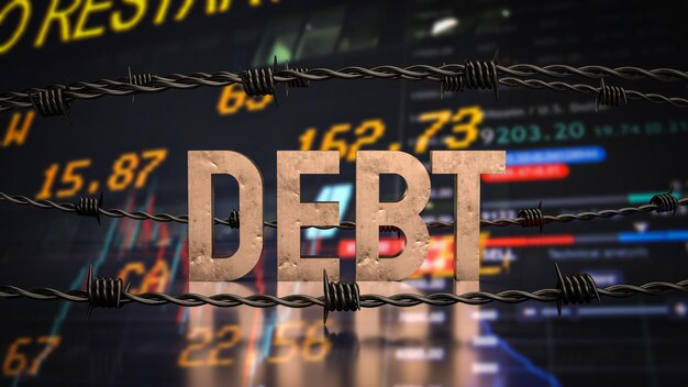 The word debt is written on barbed wire in front of a stock market background, providing a visual representation of the potential consequences when facing legal action from debt collectors.