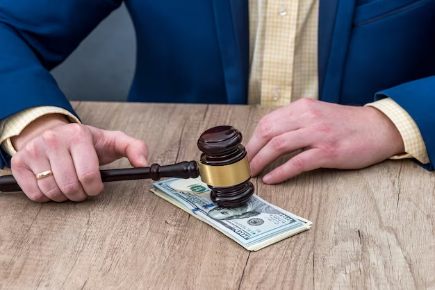 A man in a suit is holding a gavel over a stack of money.