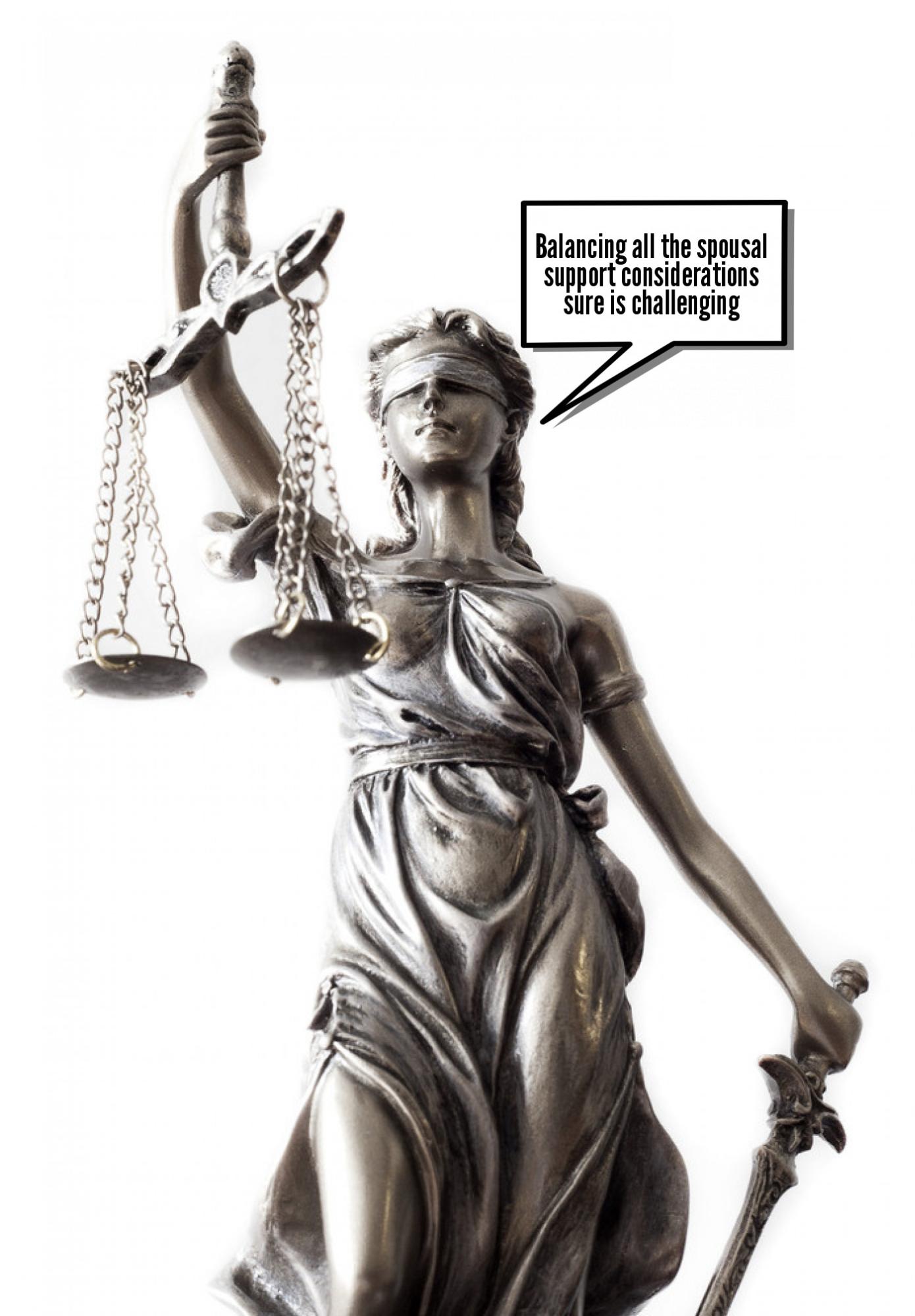 A statue of justice holding scales and a speech bubble.