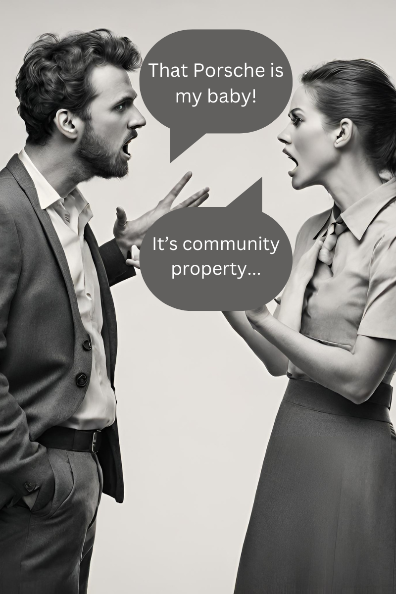 A picture of man and woman fighting saying That porsche is my baby it's community property.