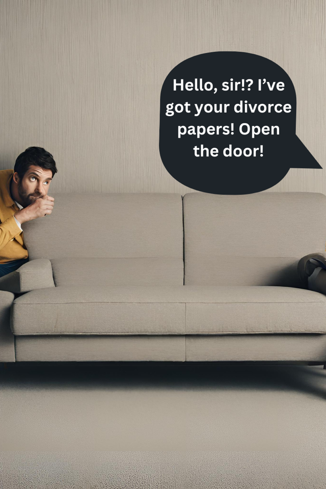 A man hiding behind a couch with a speech bubble saying divorce papers open the door.