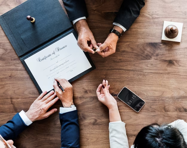 A group of business people signing a document on a wooden table.