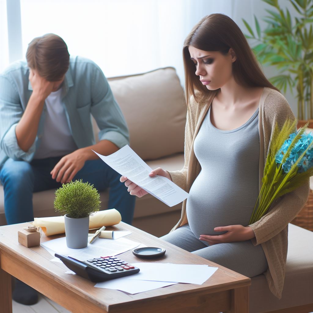 A pregnant woman is sitting on a couch while a man is looking at papers related to divorce proceedings.