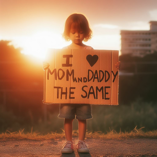 A little girl holding up a sign that says i love mom and daddy the same.