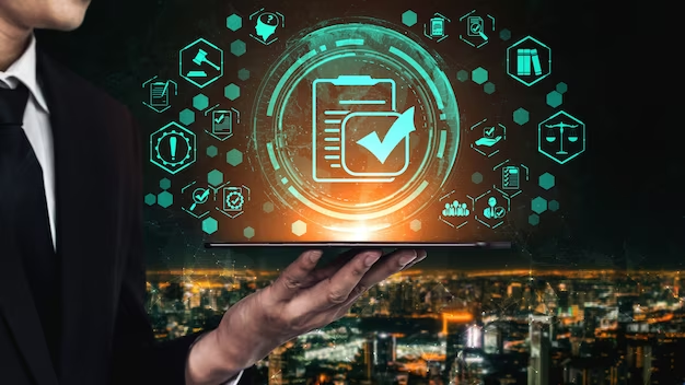 A businessman holding a tablet with icons on it.