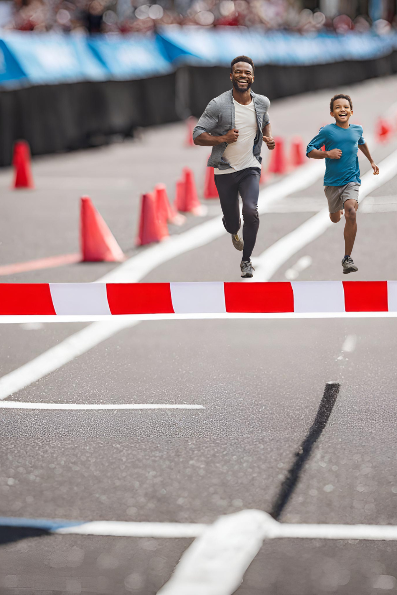 A man and a child crossing a finish line in a race.