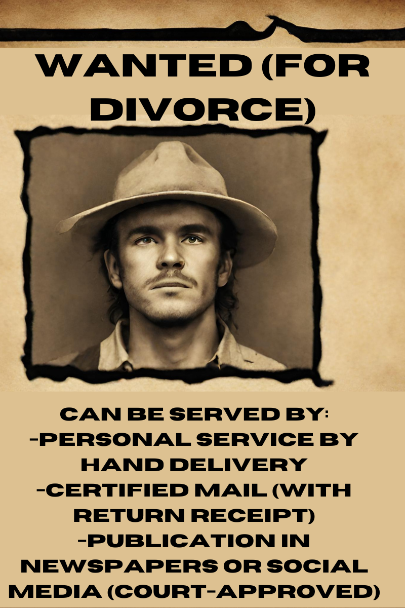 A wanted for divorce poster with a man in a hat stating man can be served with divorce paperwork
