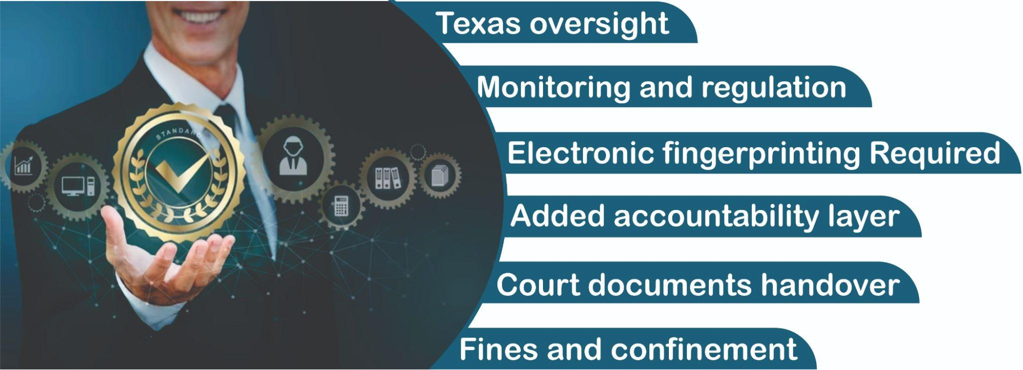 A man is holding a sign with the words texas oversight monitoring and regulation.