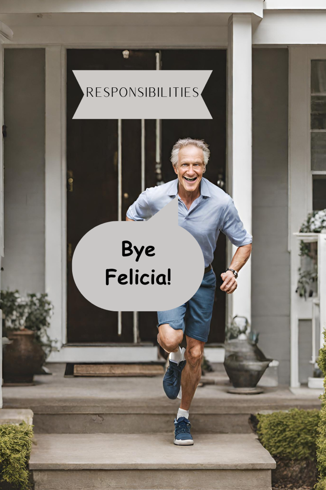 A man running out of a house with the words bye felicia, 