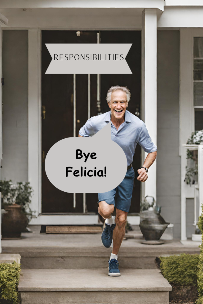 A man running out of a house with the words bye felicia,