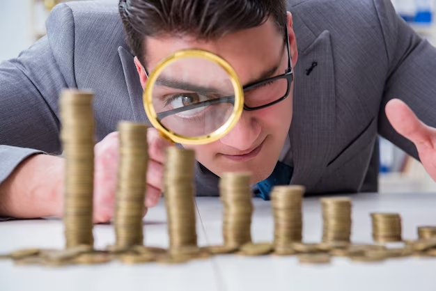 A businessman examining stacks of coins with a magnifying glass for financial analysis.