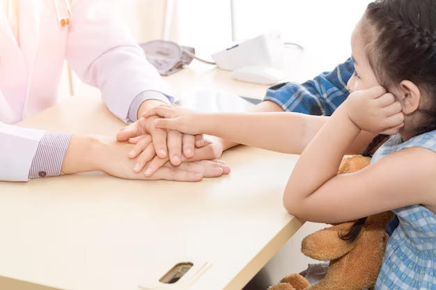 A child is sitting at a table with a doctor during a contested divorce in Texas.