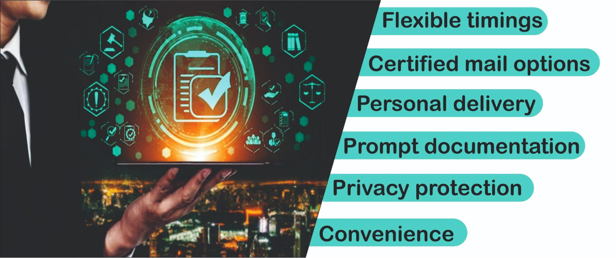 A man holding a tablet with the words flexible time options.