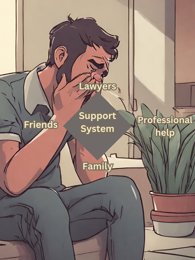A man is sitting on a couch, contemplating his options while a plant sits serenely beside him.