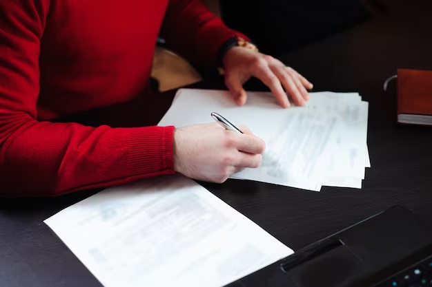 A man signing a document at a desk with debt collectors.