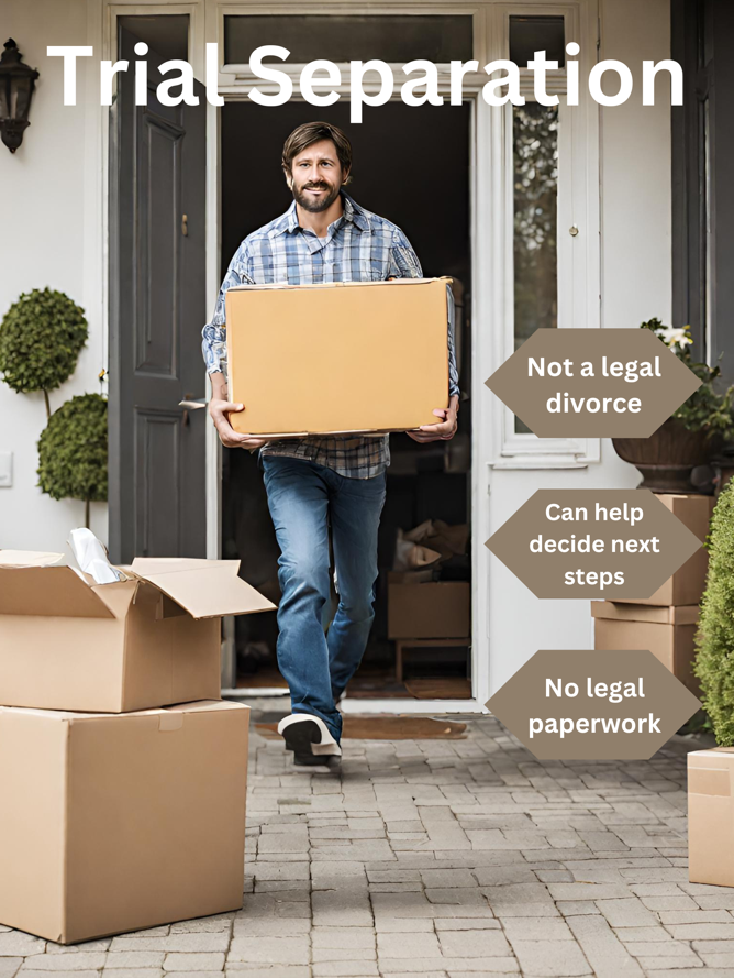 A man carrying boxes with the words trial separation.