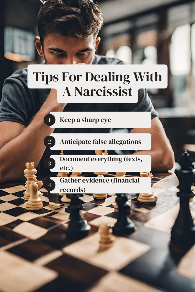 Tips for dealing with a narcissist during divorce.