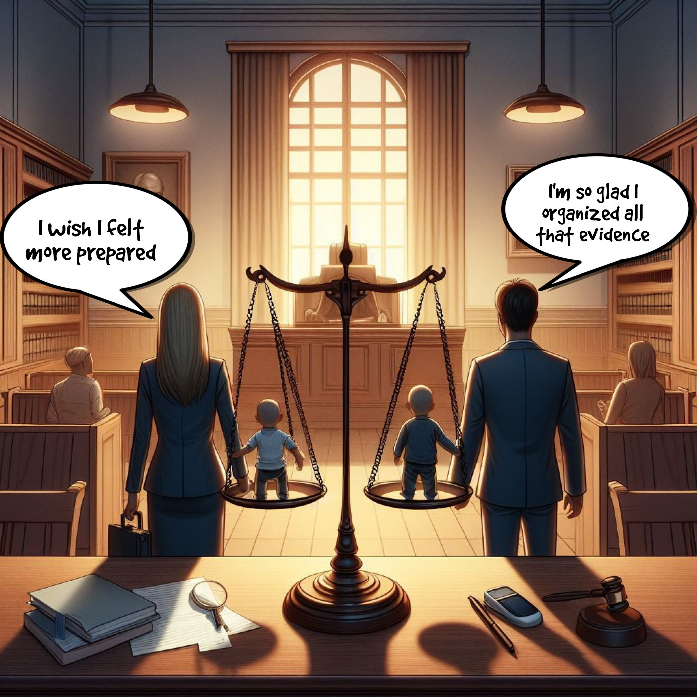  A cartoon of a man and a woman in a courtroom engaged in a temporary custody hearing.