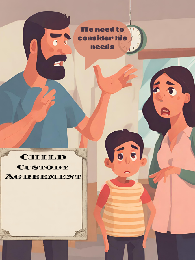 A cartoon of a family talking about a child custody agreement.