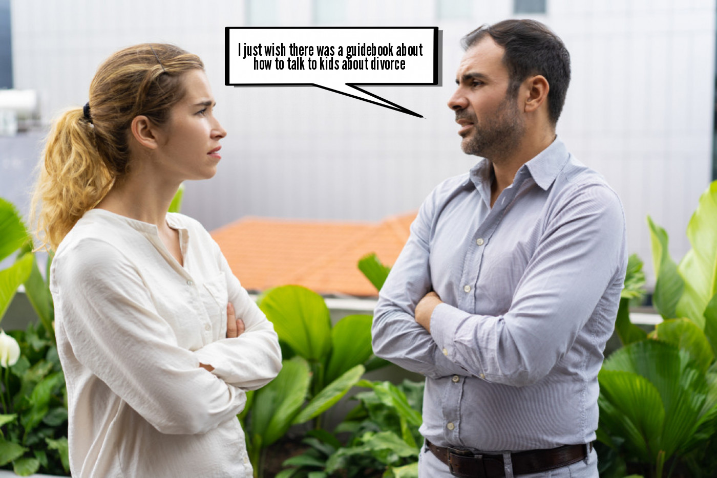 A man and woman standing next to each other with a speech bubble.