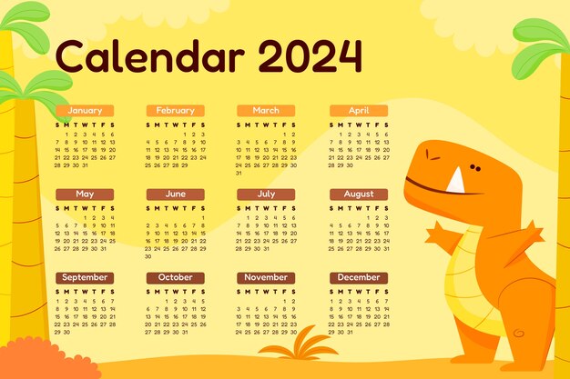 A cartoon dinosaur calendar for the year 2024.