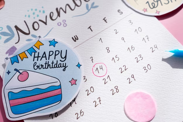 A calendar with a birthday cake on it.