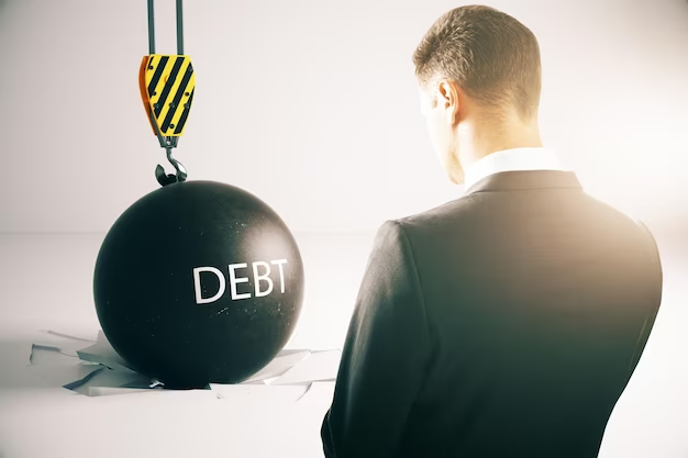 A man in a suit looking at a black ball marked with the word "debt.