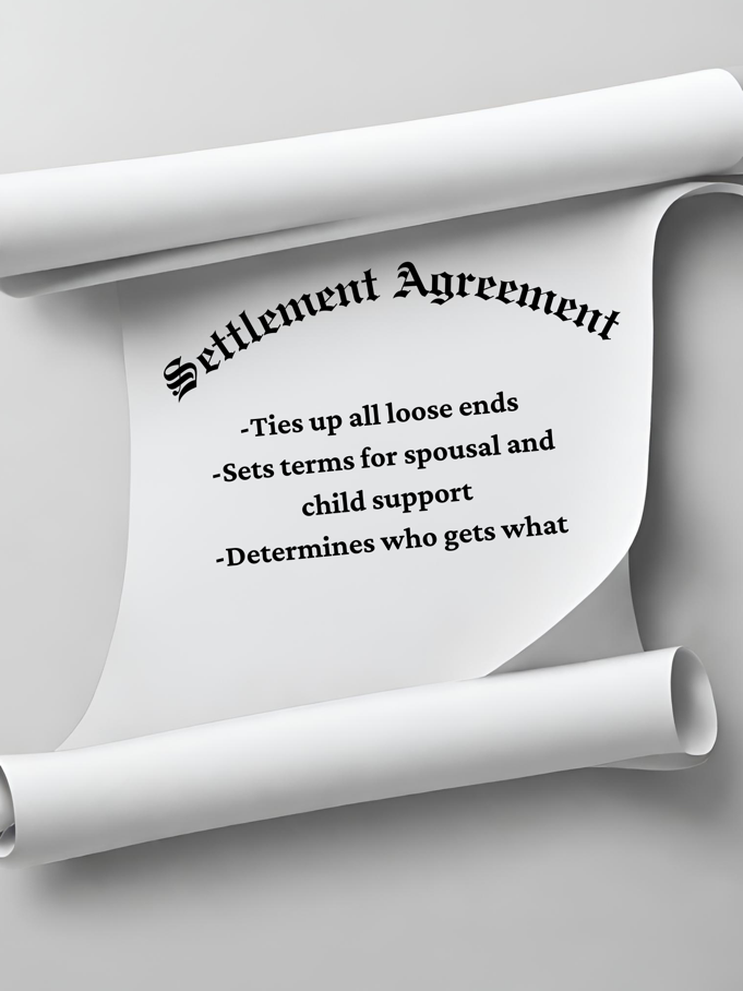 A scroll with the word settlement agreement on it.