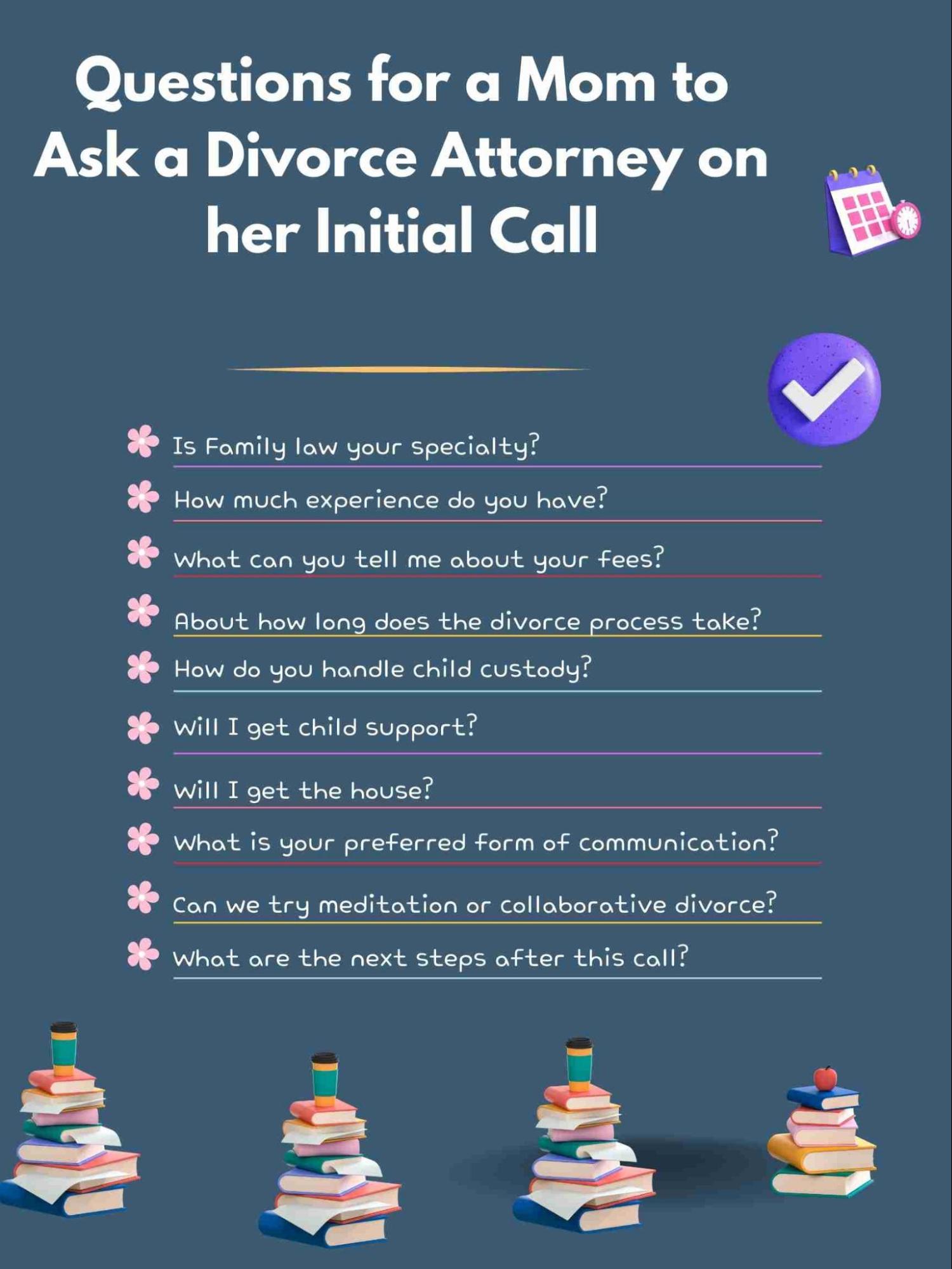 Questions for a mom to ask a divorce attorney on her initial call.