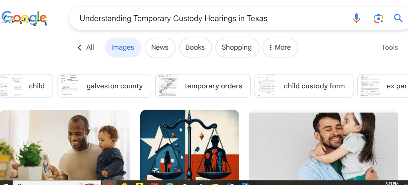 A screen shot of a google search page displaying results for "how to win temporary custody hearing.
