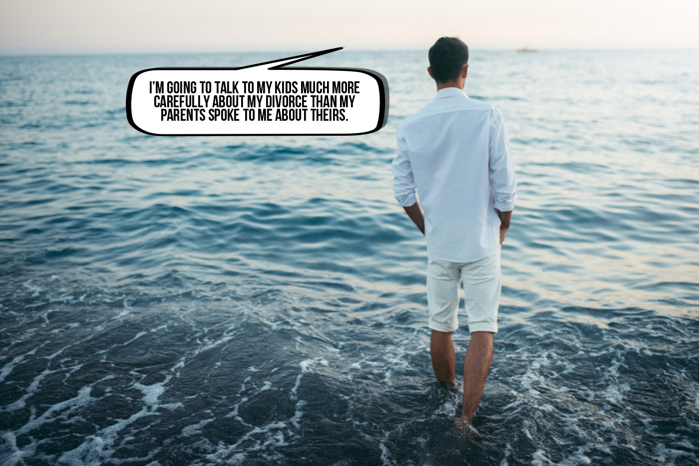 A man standing in the ocean with a speech bubble.