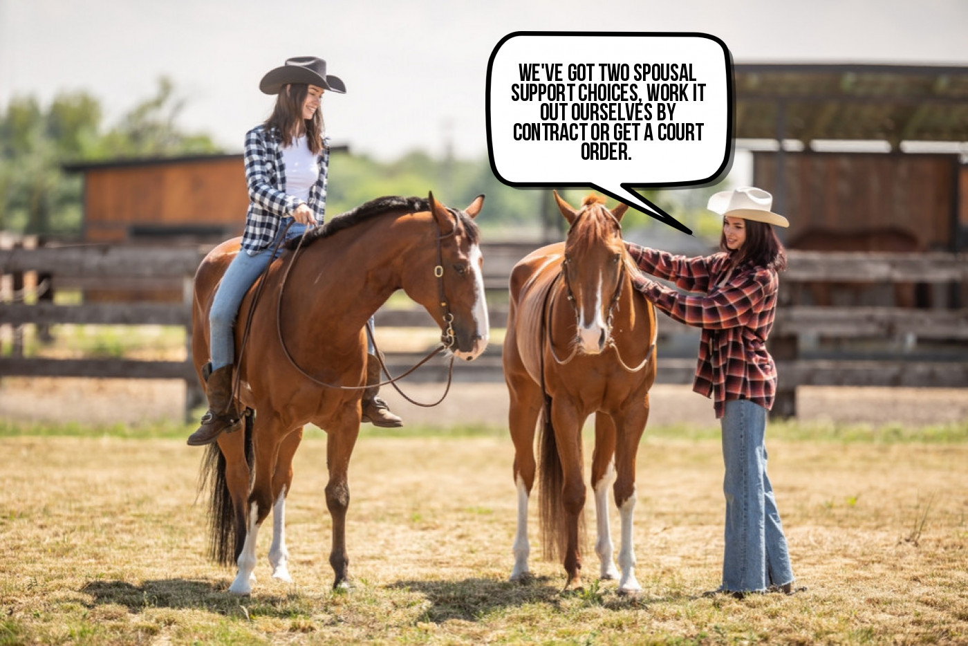 Two women standing next to a horse with a speech bubble.