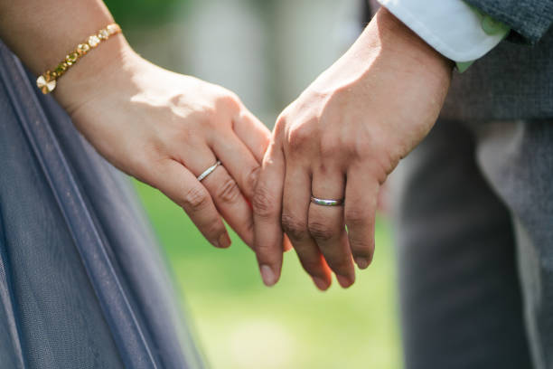 Close up of Asian couple holding hand with wedding band.