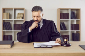 A judge is sitting at his desk looking over papers, one arm is resting on the desk with his hand on his chin and the other hand is flipping through the papers