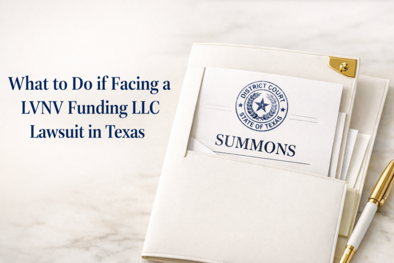 A white folder on a marble surface holds a legal document labeled "SUMMONS" from a Texas court, next to text reading, "What to Do if Facing a LVNV Funding LLC Lawsuit in Texas.