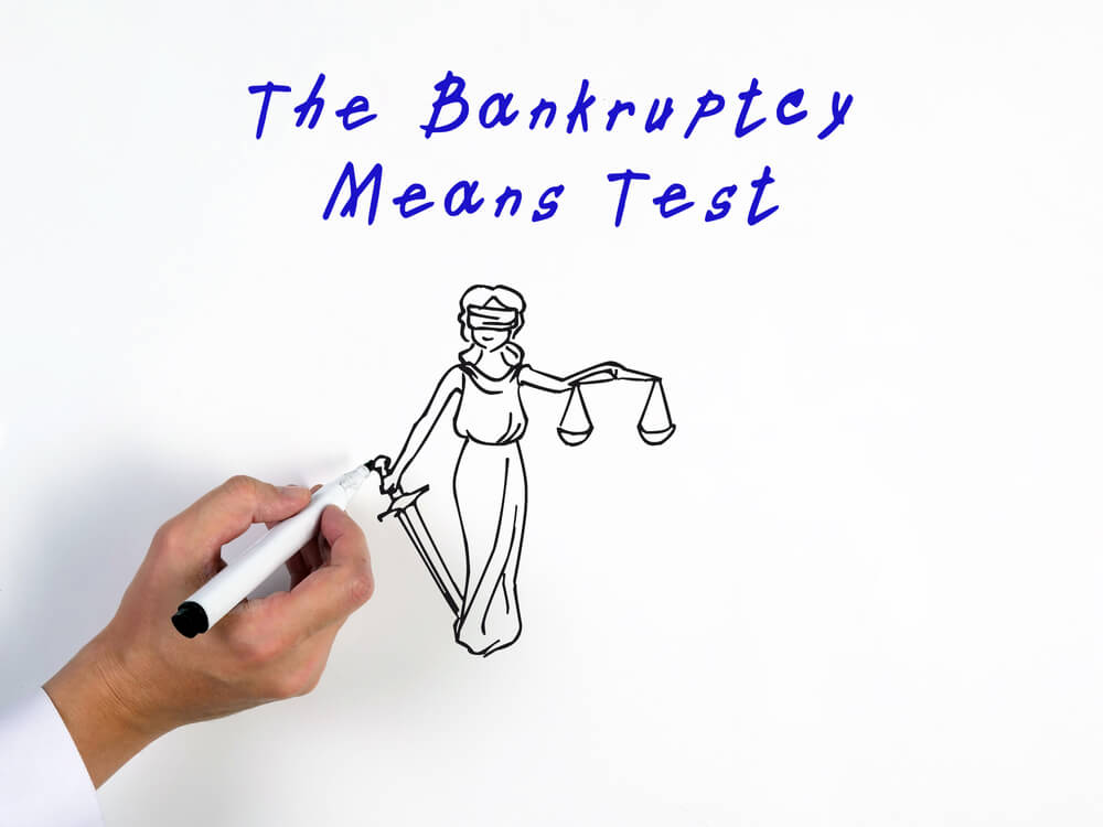 The bankruptcy means test is written at the top in blue and then below is a drawing of a woman holding the scale of justice in one hand and is blind folded