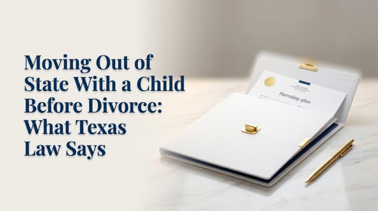 Open folder labeled "parenting plan" with a gold pen on a marble surface. Text reads: “Moving Out of State With a Child Before Divorce: What Texas Law Says.”.