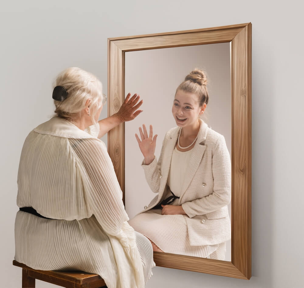 An older woman sitting on a stool in front of a mirror and in the mirror she sees her younger self waving back at her